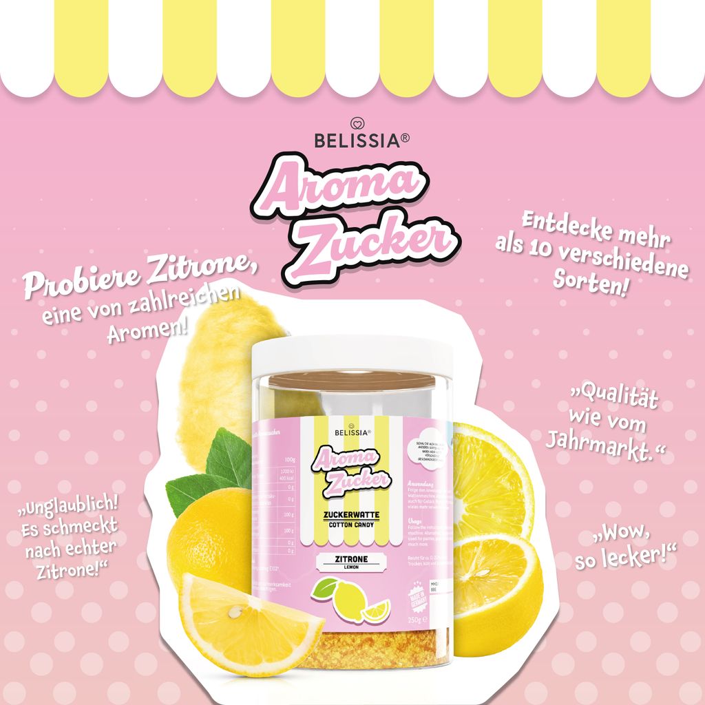 Belissia Aromazucker Party-Set - 6x250g Inkl. Zuckerwattestäbe Für Maschinen