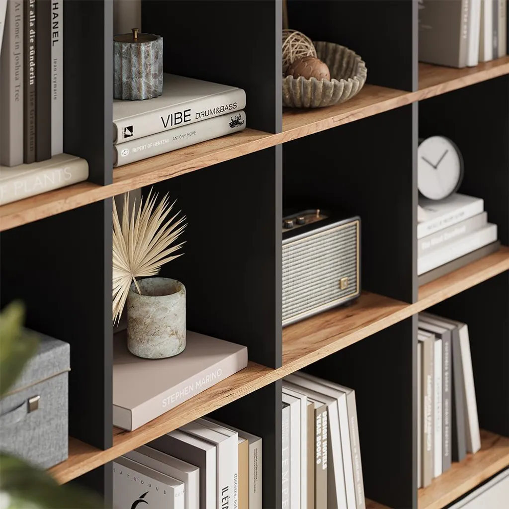 Meuble Bibliothèque Design 143cm Vicco Karree Anthracite et Chêne Doré