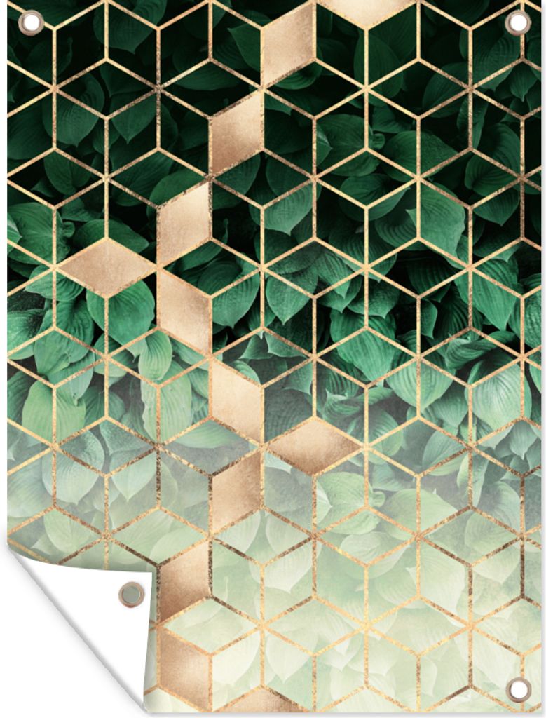 MuchoWow 30x40 cm Outdoor-Poster Gartendeko Sichtschutz Garten Poster für den Garten Blätter - Gold - Würfel - Luxus
