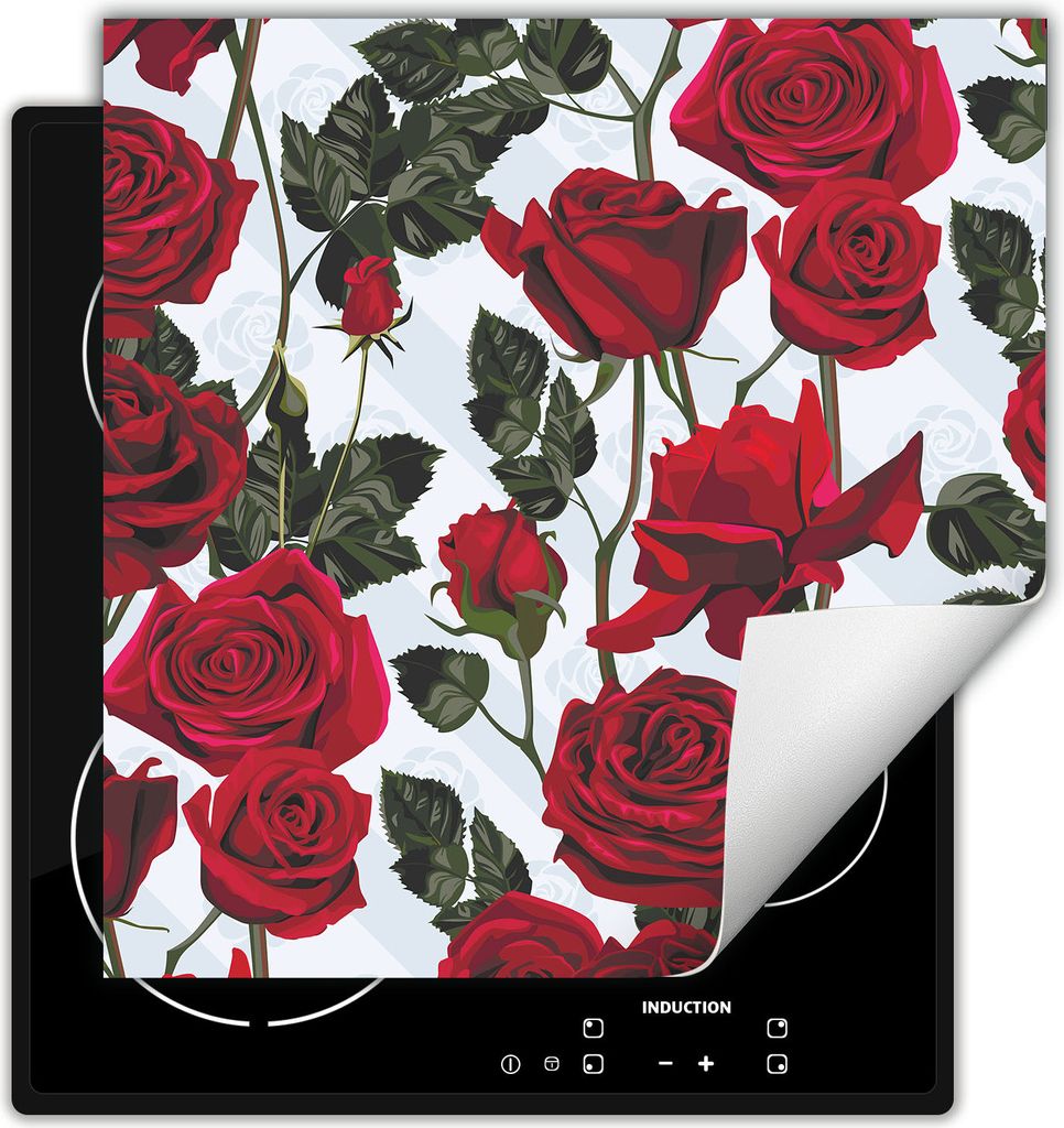 DarHaus Herdabdeckplatte 60x52 cm Anti Rutsch Matte Aufrollbar, rote - Rosen