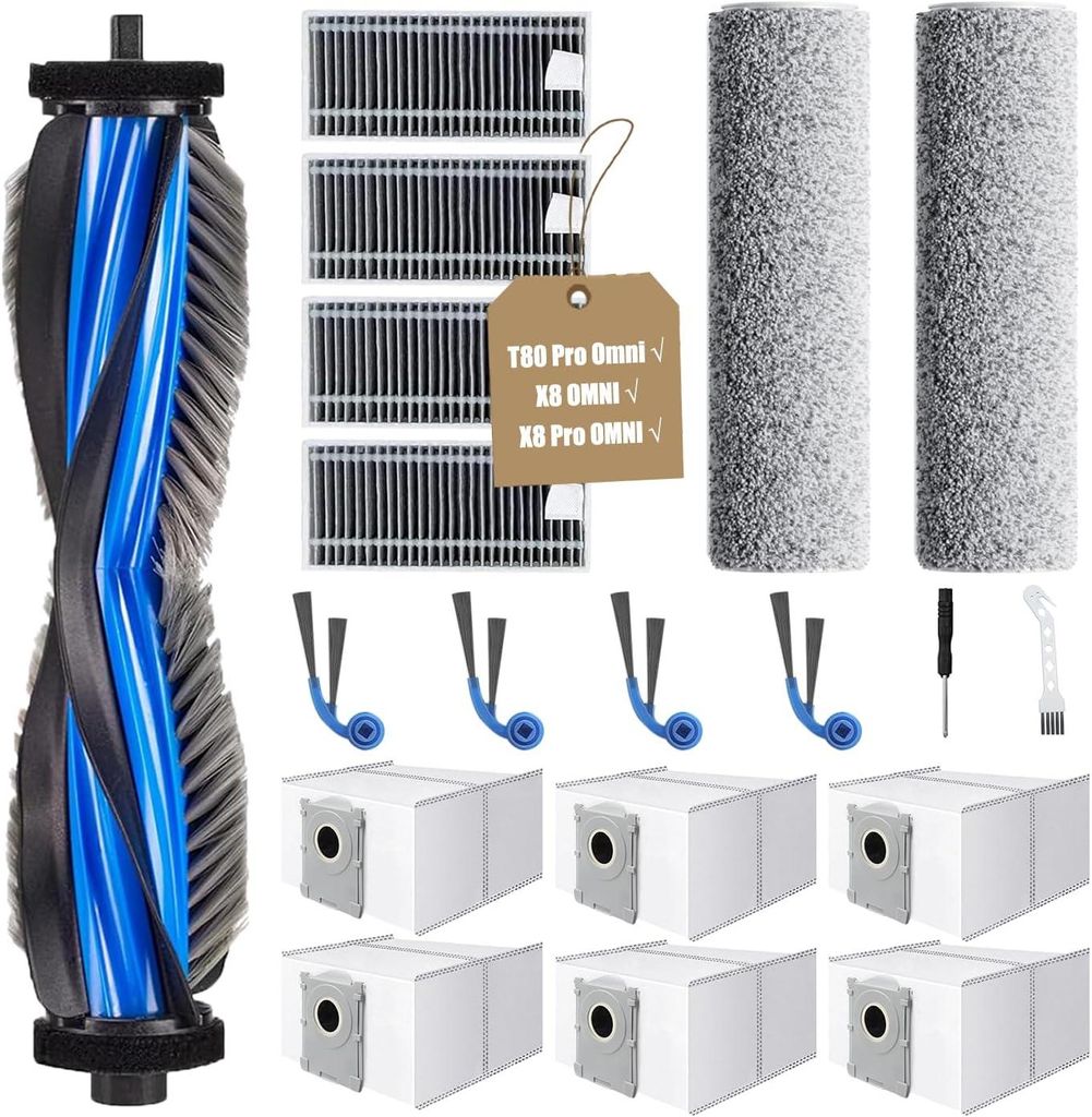 KGC 19 Stück Zubehörset für Ecovacs Deebot T80 Pro Omni, X8 OMNI, X8 Pro OMNI Saugroboter, 1 Hauptbürste, 6 Staubbeutel, 2 Mopp Reinigungswalze...