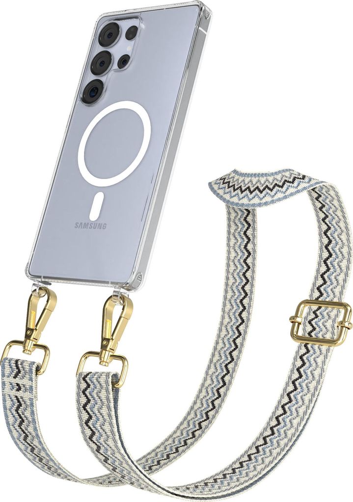 EAZY CASE - Handykette mit MagSafe Hülle für Samsung Galaxy S25 Ultra, Handyband Wave Style, Karabiner Gold, Umhängeband in Beige