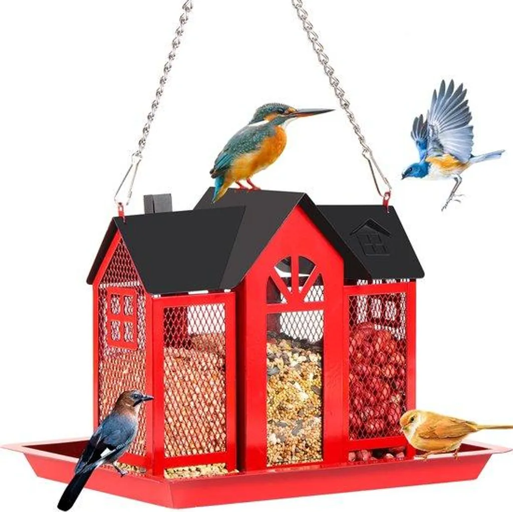 Distributeur de graines design oiseau en métal rouge pour extérieur