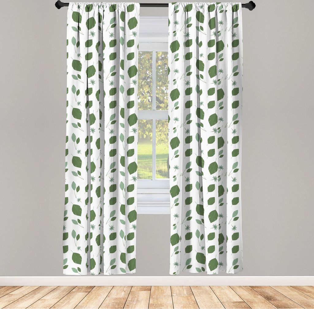 ABAKUHAUS Blätter Vorhänge, Gardinen, Nature Themed Süße Simplistic Muster von Flitting Blatt, 2 Stück 75 x 175 cm, , Grün und Weiß
