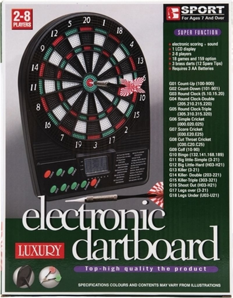 A product shot of an electronic dartboard with packaging elements and feature descriptions.