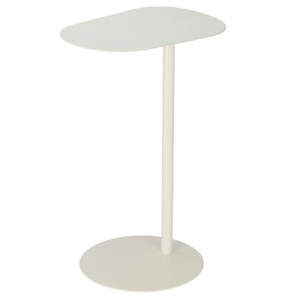 A white side table with an oval top and a round base.