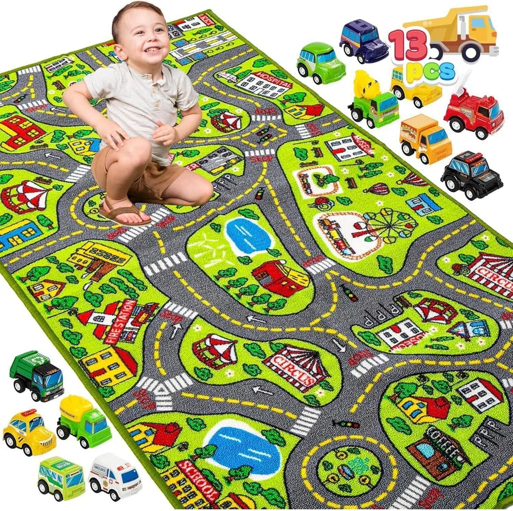 Tapis de voiture 80x150cm et 12 mini-véhicules pour chambre d'enfant