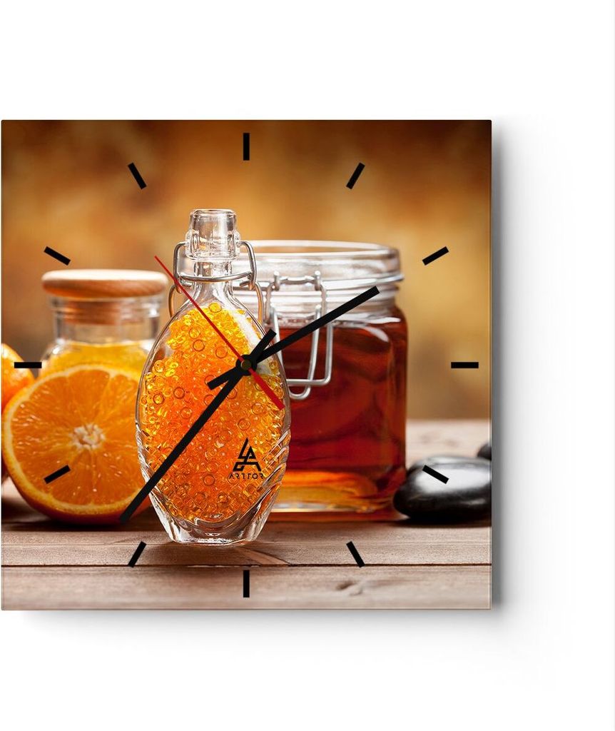 Wanduhr - Quadrat - Glasuhr - Essen Honig Glas Vitamin - 40x40cm - Schleichendes Uhrwerk - Lautlos - zum Aufhängen bereit - Dekoration Modern - Wa...