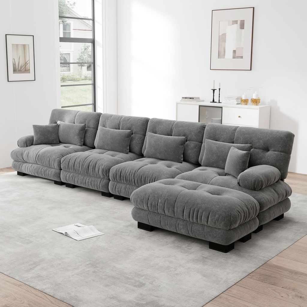 MODFU 4-Sitzer Polstersofa mit mit 2 Lendenkissen und 2 Dekokissen,L-förmiges Sofa,Loungesofa Chenille,mit 1 Ottoman,Modulares Sofa,Grau