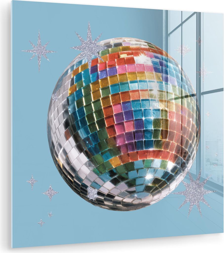 MuchoWow Glasbilder - Bilder auf Wandbild - Foto auf Glas Discokugel - Schimmernde Sterne - Regenbogen 40x40 cm Wanddekoration aus Glas - Acrylglas...