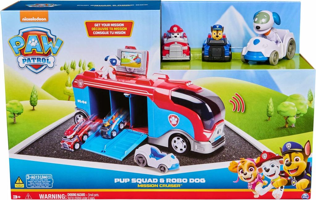 A Paw Patrol Mission Cruiser toy set is displayed on its packaging, with the toy vehicle and figures shown.