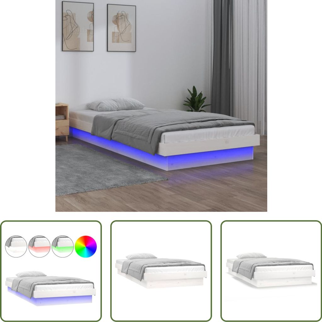 The Living Store Massivholzbett mit LEDs Weiß 90x190 cm