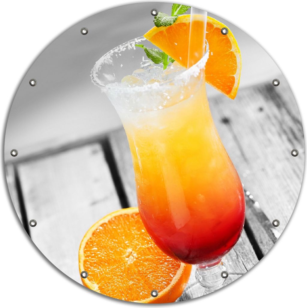 Wallario rundes Outdoor-Poster für Garten oder Balkon, Motiv Bunter Cocktail am Pool mit Hintergrund in schwarz weiß, 90 cm Durchmesser