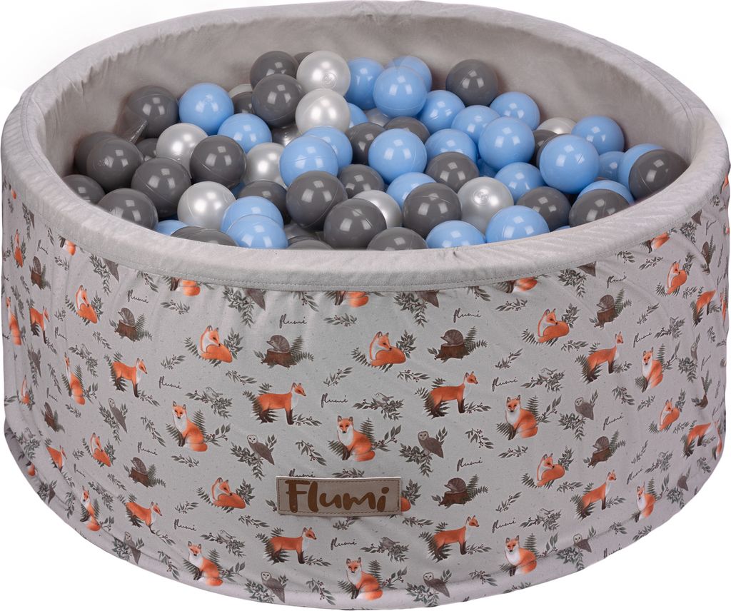 Flumi Bällebad Baby - Bällepool Kinder 90x40cm mit 200 Bällebad Bälle ∅ 7cm in EU hergestellt - Hellgrau / Füchse + Blaue Bälle