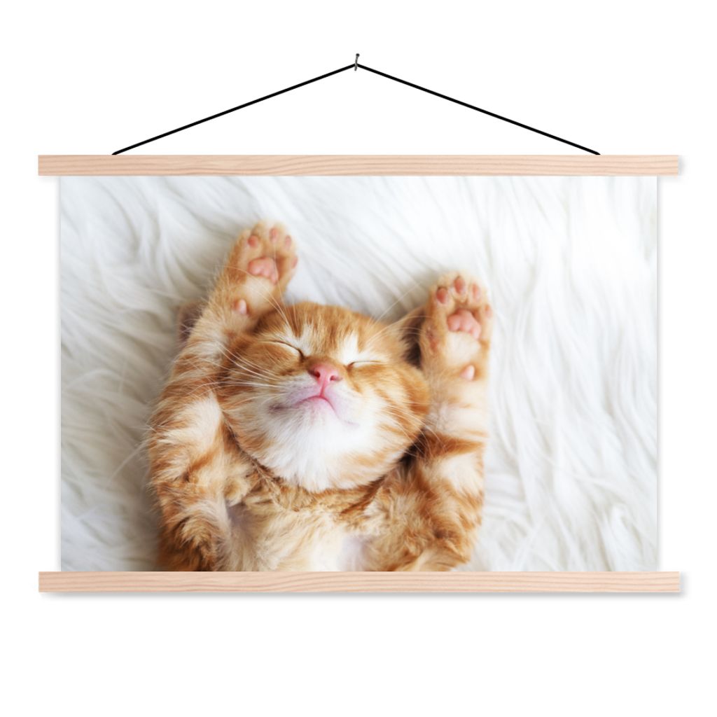 MuchoWow Textilposter Katze - Rot - Haustiere - Kätzchen 120x80 cm mit holzfarbenen Rahmen - Aufhängeset