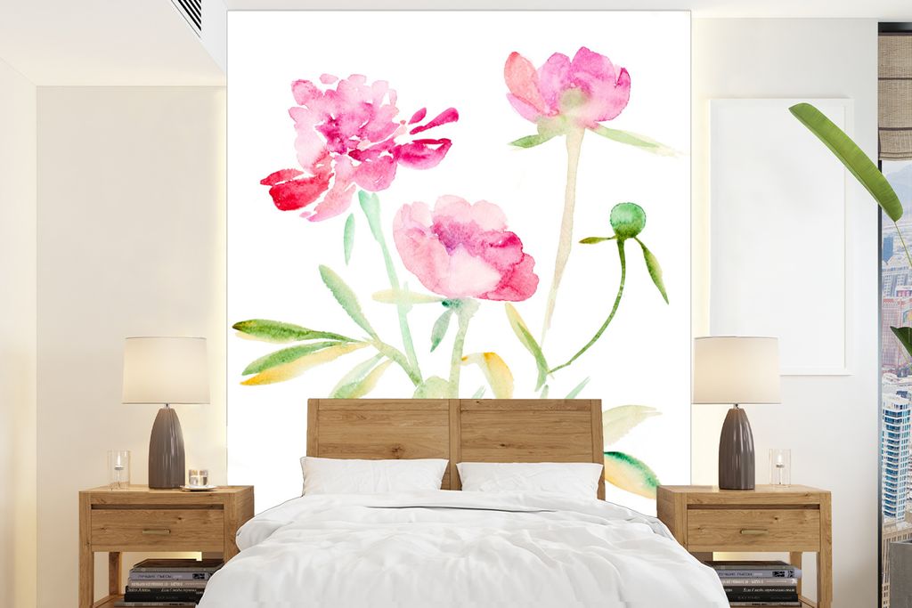 MuchoWow Fototapete für Wohnzimmer oder Schlafzimmer Wandtapete Vinyl Motivtapete Blumen - Aquarell - Rosa - 190x260 cm - Papiertapete