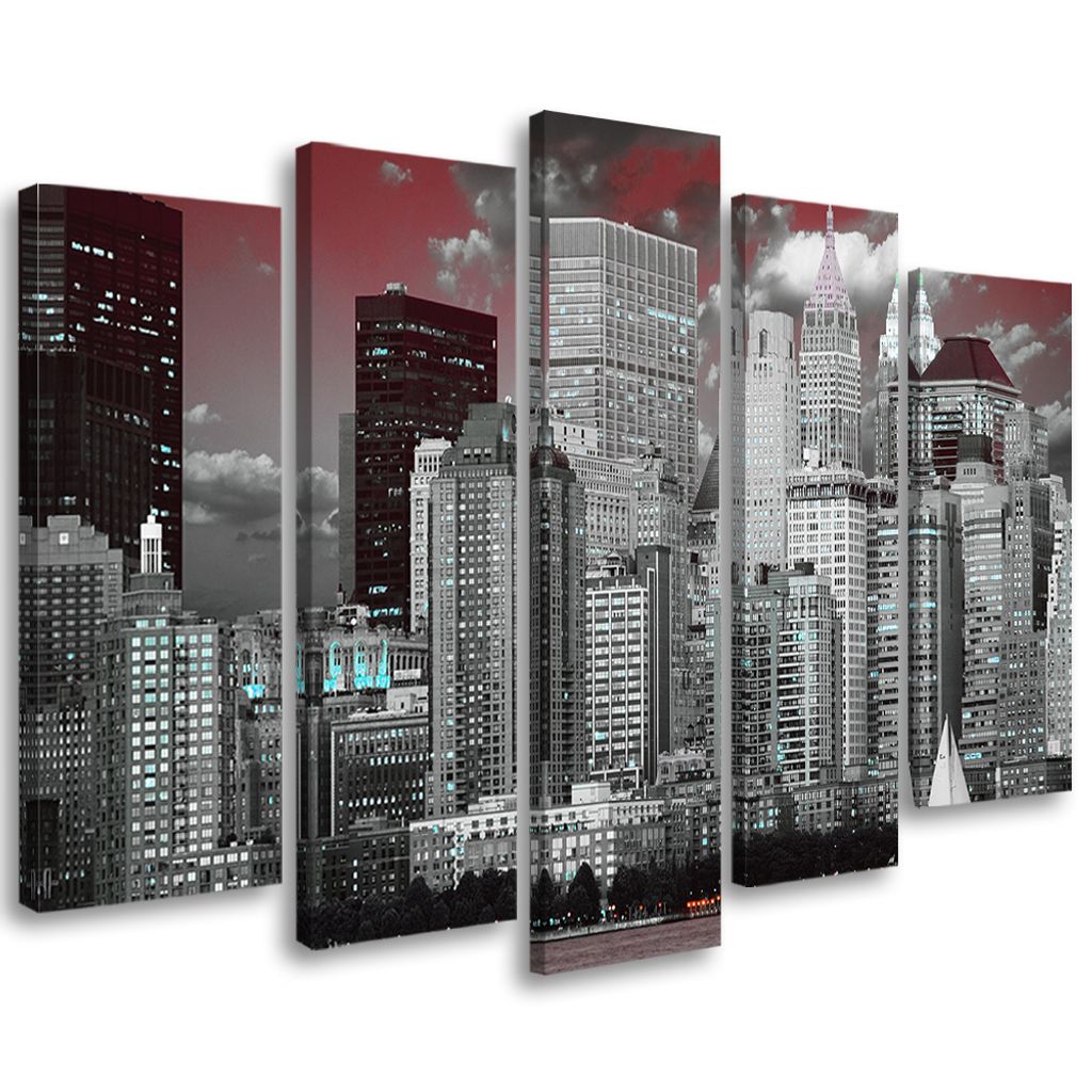 5-teiliges leinwandbild new york city wolkenkratzer 200x100 cm Feeby rot wandbild bereit zum aufhängen