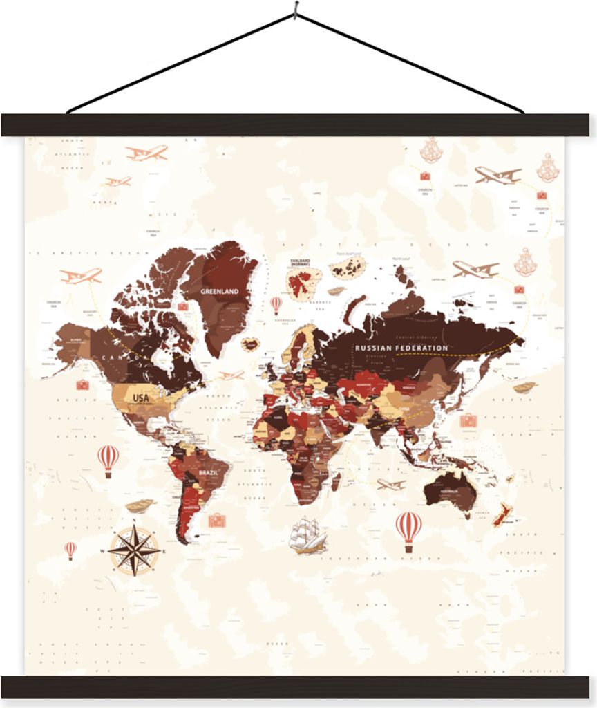 MuchoWow Textilposter Weltkarte - Braun - Flugzeug 60x60 cm mit schwarzem Rahmen - Posteraufhänger