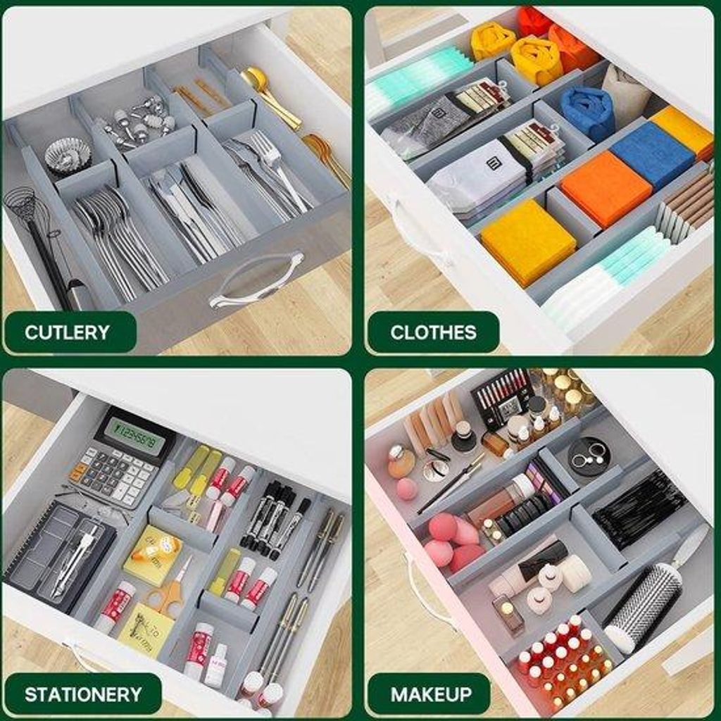 Bamboe-Lade-Organizer-Set mit 6 Teilen - flexibles Ladescheidingssystem - für Küche, Kommode, Bad - 428-563 cm lang - grau