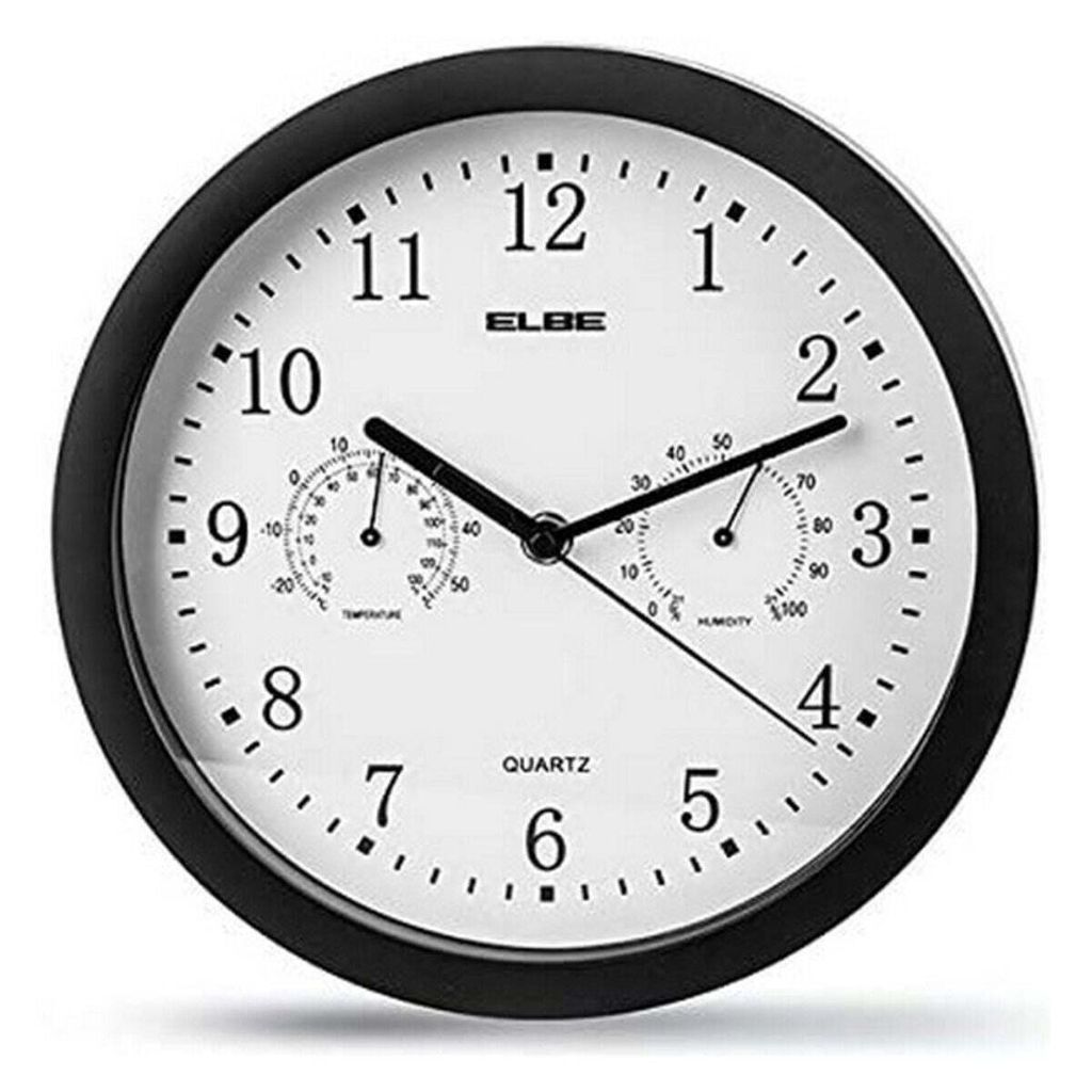 ELBE RP-1005-N Wanduhr mit Thermometer und Hygrometer, misst Temperatur und Luftfeuchtigkeit, 25 cm Durchmesser, Panel White Black Frame, batterieb...
