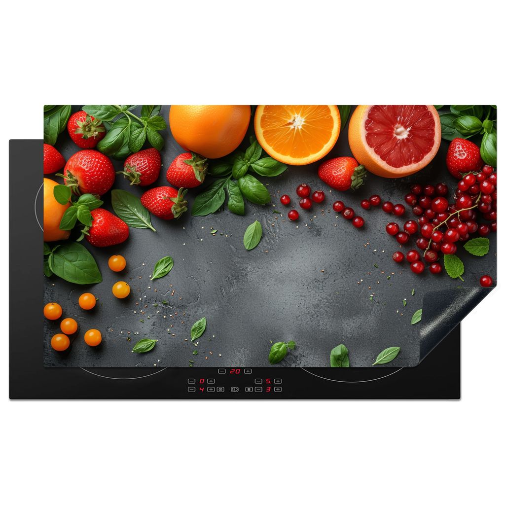 KitchenYeah Herdabdeckplatte Obst - Bunt - Konkret , 90x52cm, Küche Deko, Glaskeramikkochfeld Herdabdeckung, Abdeckplatte fùr Kochfeld