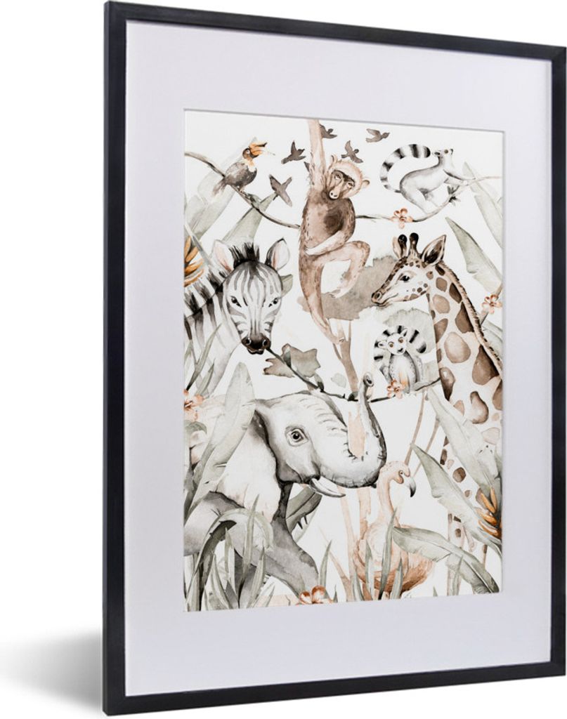 MuchoWow MuchoWow Gerahmtes Poster Tiere - Dschungel - Aquarell - Affe - Jungen - Mädchen - Kind 30x40 cm - Poster mit zchwarzem Bilderrahmen ...