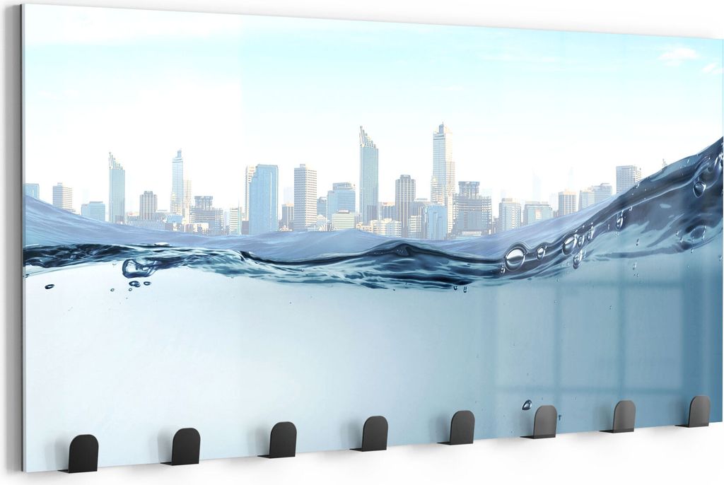 DEQORI Kleiderhaken Glas 60x30 cm 'Skyline Wasseransicht' Wand Garderobe beschreibbar