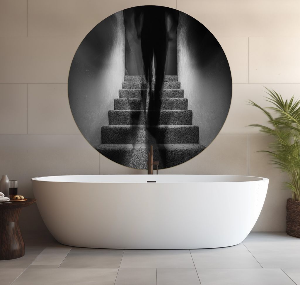 Wallario wasserfestes Poster selbstklebend 120 x 120 cm, Mysteriöse Treppe mit Schattenfigur - Schwarzweiß, Badezimmerposter Spritzschutz mit Hoc...
