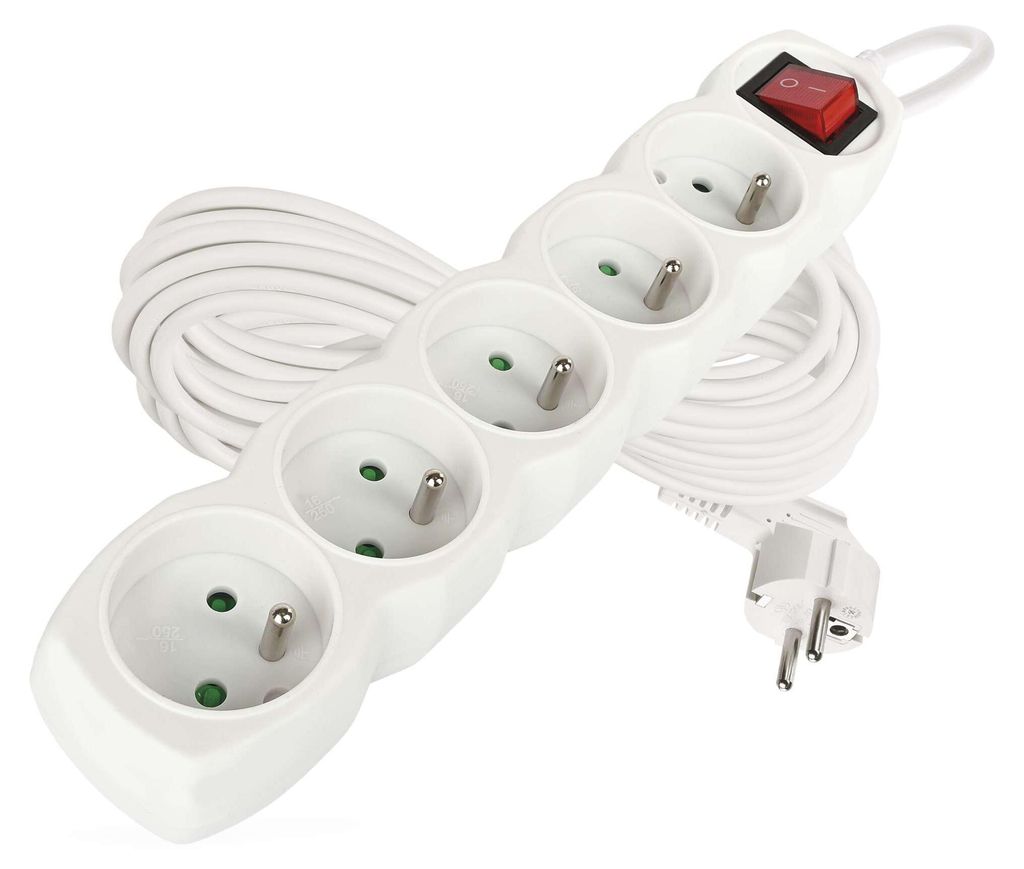 Prodlužovací kabel 10 m / 5 zásuvek / s vypínačem / bílý / PVC / 1 mm2