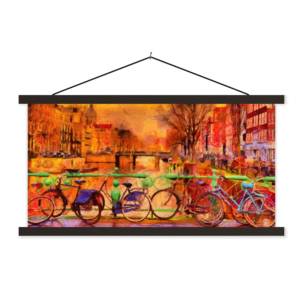 MuchoWow Textilposter Gemälde - Fahrrad - Amsterdam - Gracht - Öl 90x45 cm mit schwarzem Rahmen - Klemmleisten