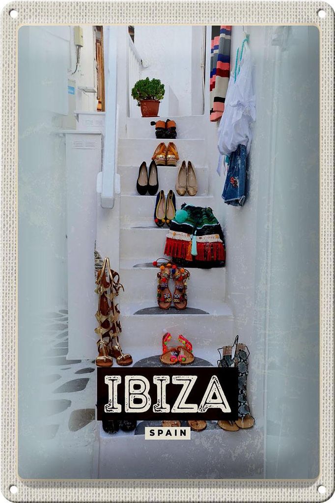Blechschild Reise 20x30cm Ibiza Spain weiße Treppe Schuhe