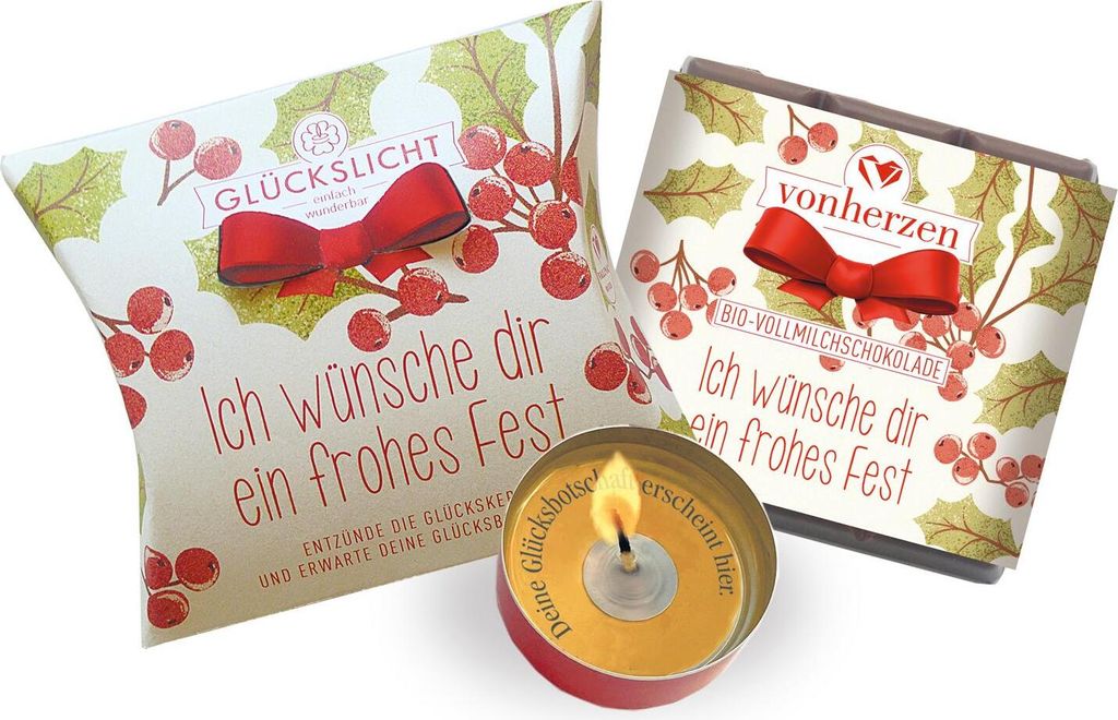 Glückslicht & -Vollmilchschokolade / Emotion / Ich wünsche dir ein frohes Fest / Festliche Emotionen verschenken mit diesem Set