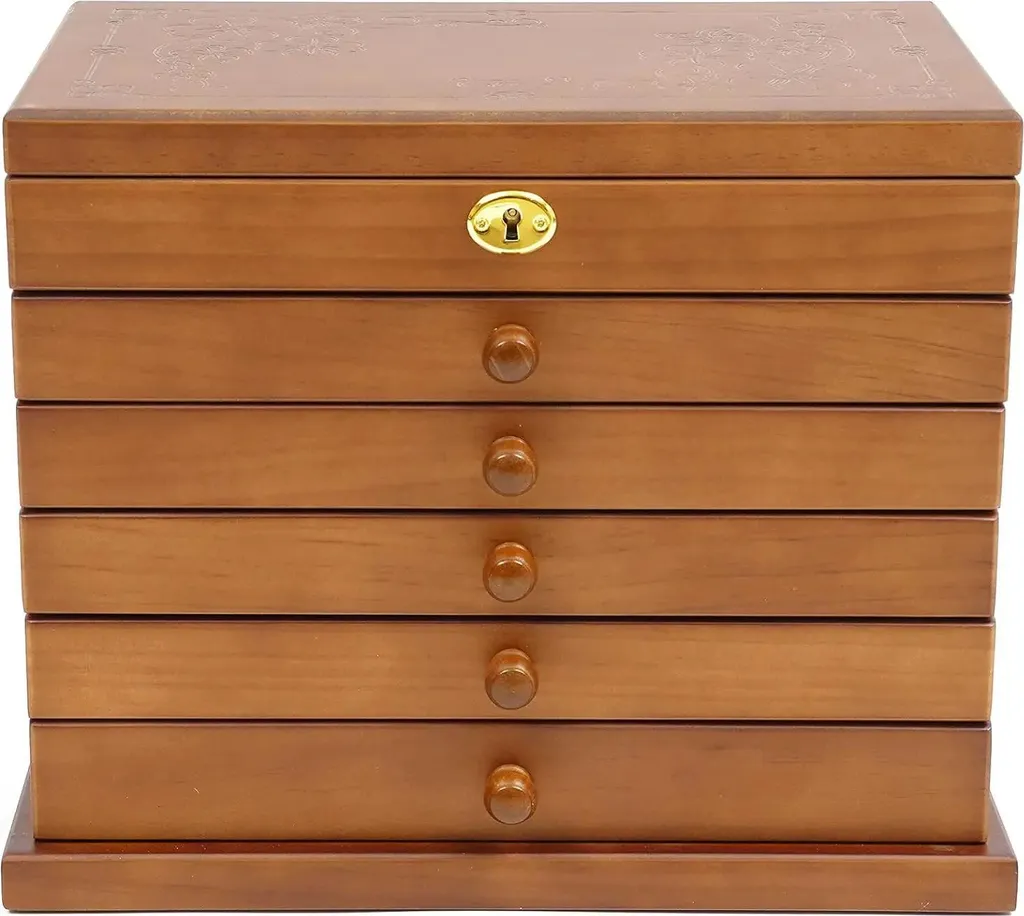 Coffret bijoux bois 6 niveaux marron : fini les bijoux emmêlés et perdus