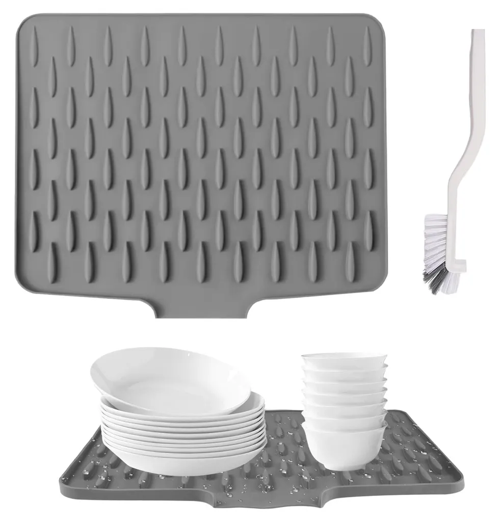Tapis de vaisselle auto-drainant avec brosse et structure rainurée 28cm