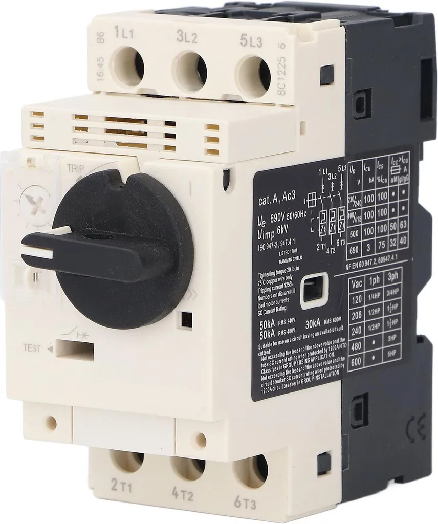 Disjoncteur de protection moteur 4–6,3A avec commande par bouton rotatif