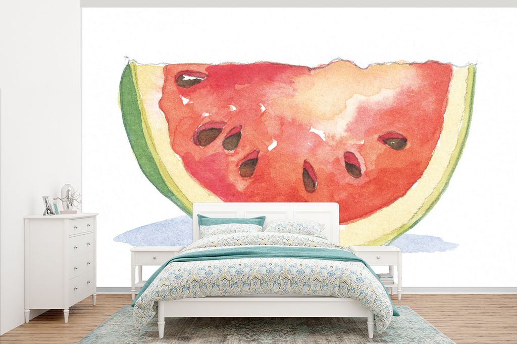 MuchoWow Fototapete für Wohnzimmer oder Schlafzimmer Wandtapete Vinyl Motivtapete Aquarell - Wassermelone - Obst - 345x220 cm - Wohnzimmertapete