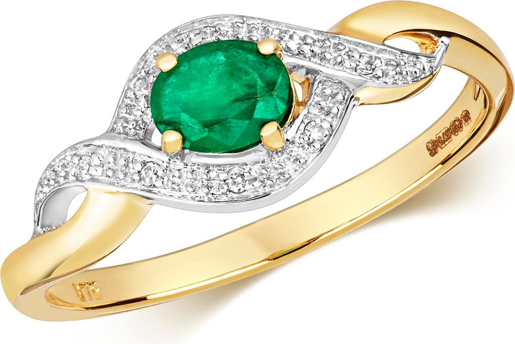 Funkelndes Feuer Stylischer 9 Karat (375) Gold Diamant Damenring Brillant-Schliff H - PK mit Smaragd, 50 (15.9); TRS28922RSK