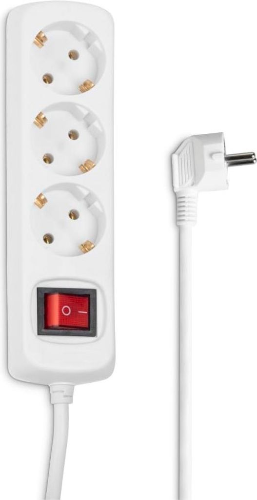 A white power strip with three sockets and a red on/off switch, next to its white angled plug and cable.