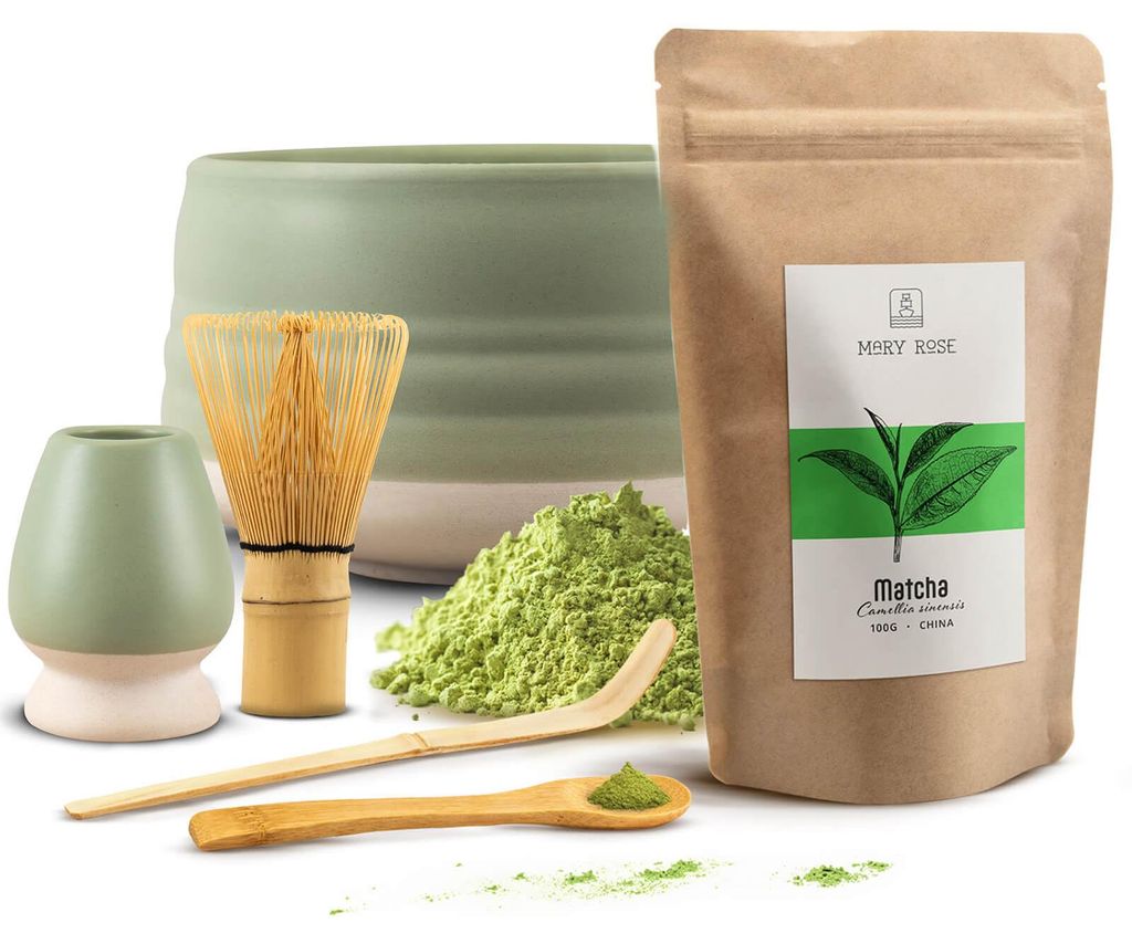 Mary Rose - Matcha Tee Set 100g - Pulver Grüner Tee - Keramik Grün Higashi Matchawan Schale 500ml, Kusenaoshi Besenhalter - Bambus Chasen Besen