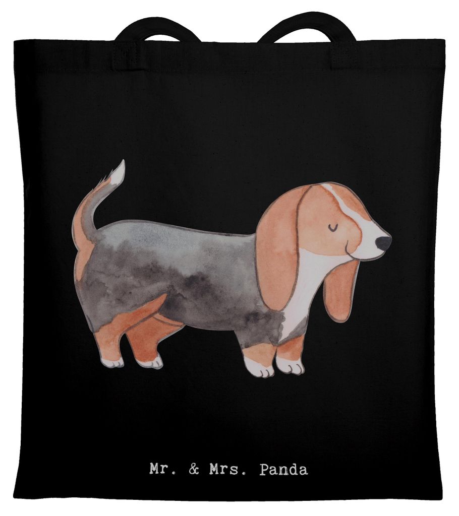 Mr. & Mrs. Panda Jutebeutel Basset Hound Moment - Schwarz - Geschenk, Shopping Tasche, Laptoptasche, Schultasche, Tote Bag