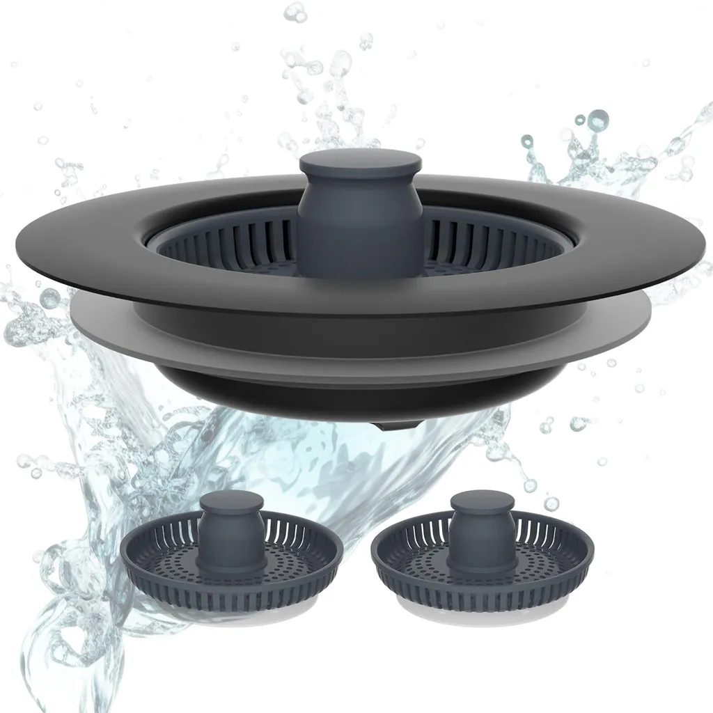 Bouchon de lavabo cuisine noir avec 3 tamis ABS pour évier de 22mm