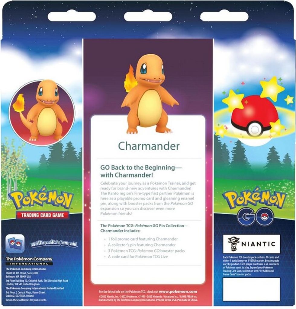 The image shows the packaging for a Pokemon TCG: Pokemon GO Pin Collection featuring Charmander.