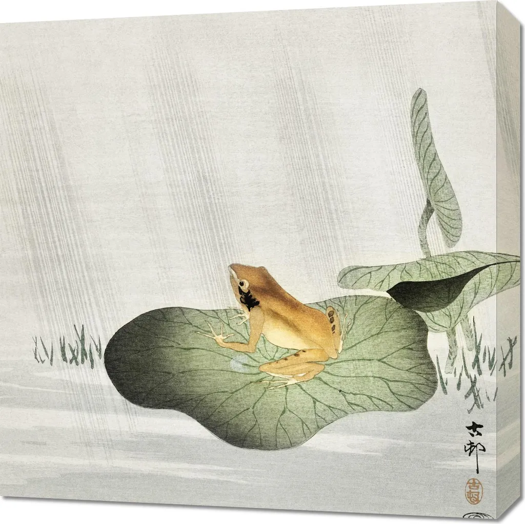 Quadro 60x60 cm Rana su Foglia di Loto Ohara Koson - Vintage Salotto
