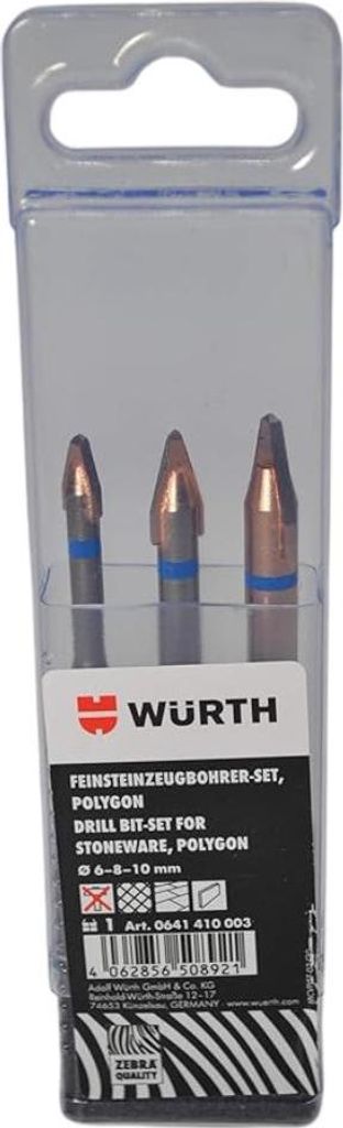 Würth Porcelain Stoneware Drill Bit Set 3-Piece Polygon 6-8-10 mm Zebra