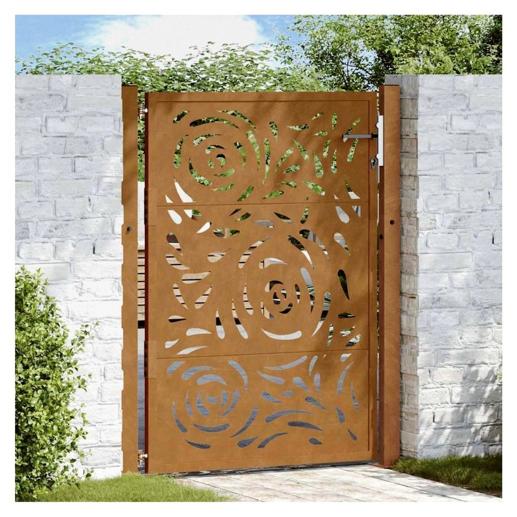 Gartentor aus Stahl mit Blattdesign, langlebig und abschließbar, dekorativer Metalleingang für Terrassengarten (100 x 125 cm)