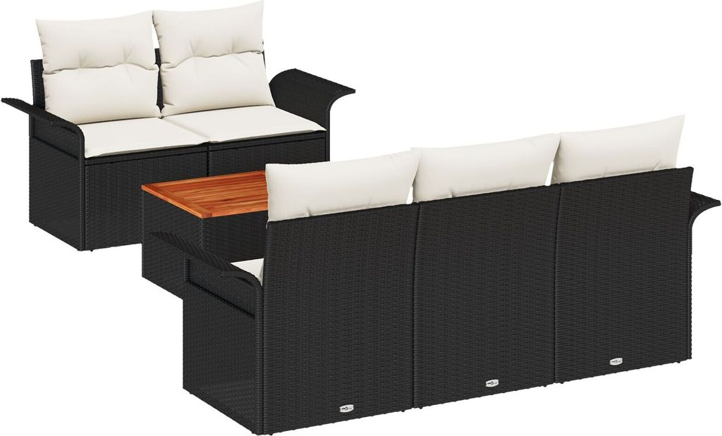 Best Möbel 6-teiliges Garten Sofa Set mit Kissen Schwarz Poly Rattan Akazie, 2-Sitzer Garten Sofa mit Stauraum & Kissen Schwarz Poly Rattan - Gart...