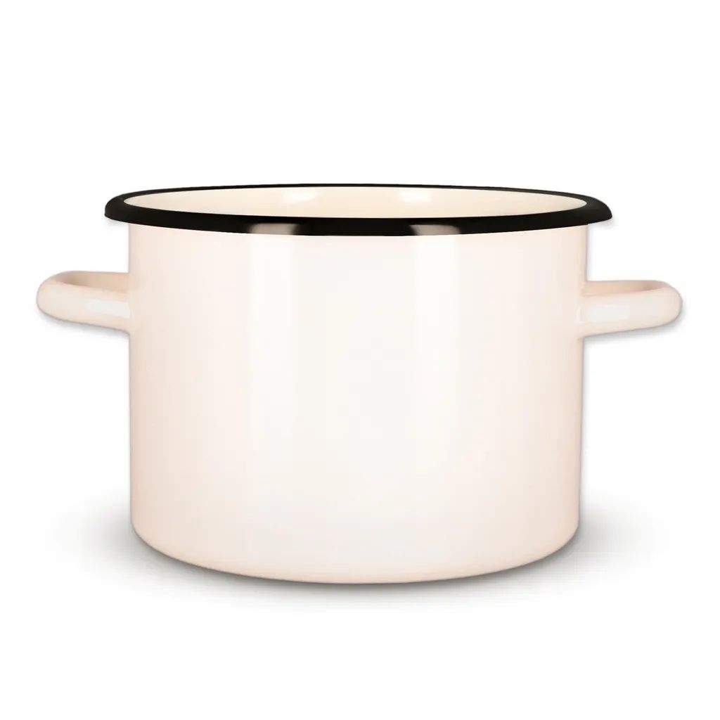 A cream-colored enamel pot with black trim and handles, shown from the front on a white background.