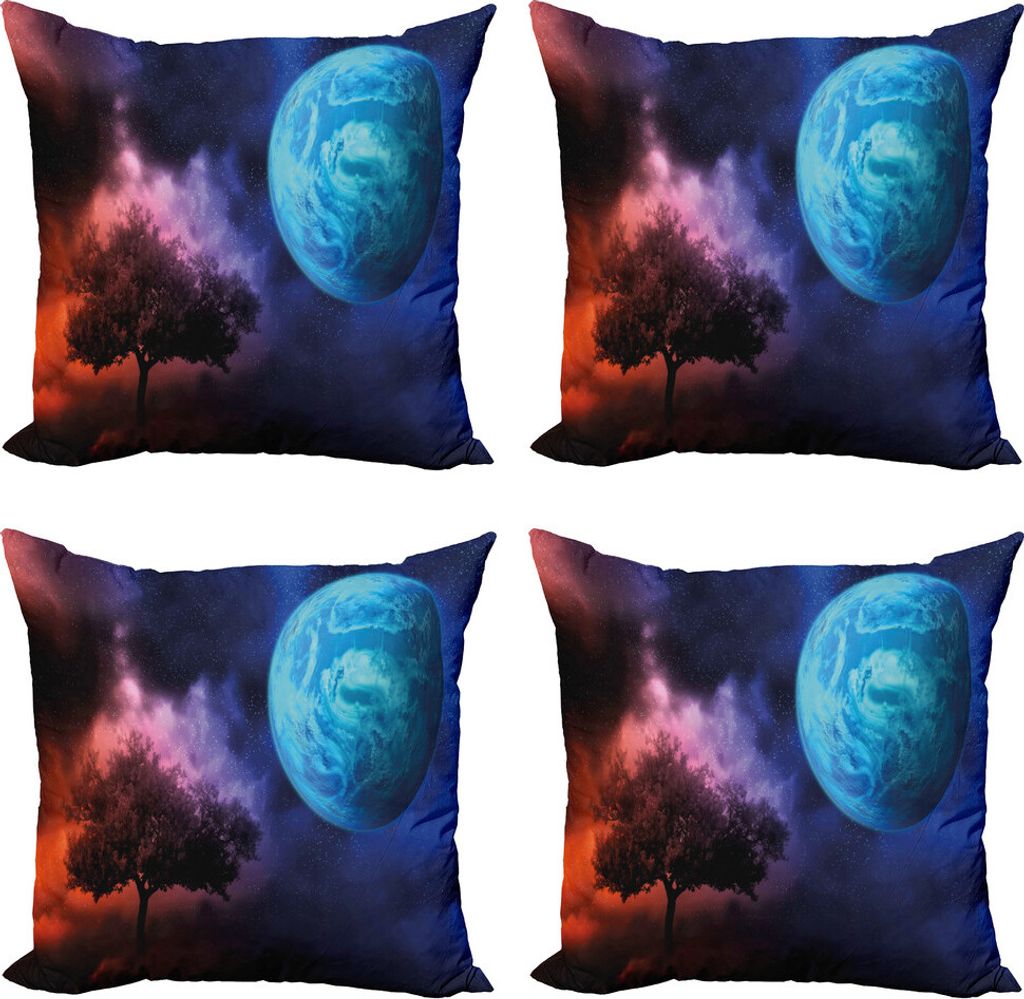 ABAKUHAUS Platz Kissenbezug Set (4 Stück), Futuristischer Baum des Lebens, Moderner Doppelseitiger Digitaldruck, 45 cm x 45 cm, Rosa und Blau