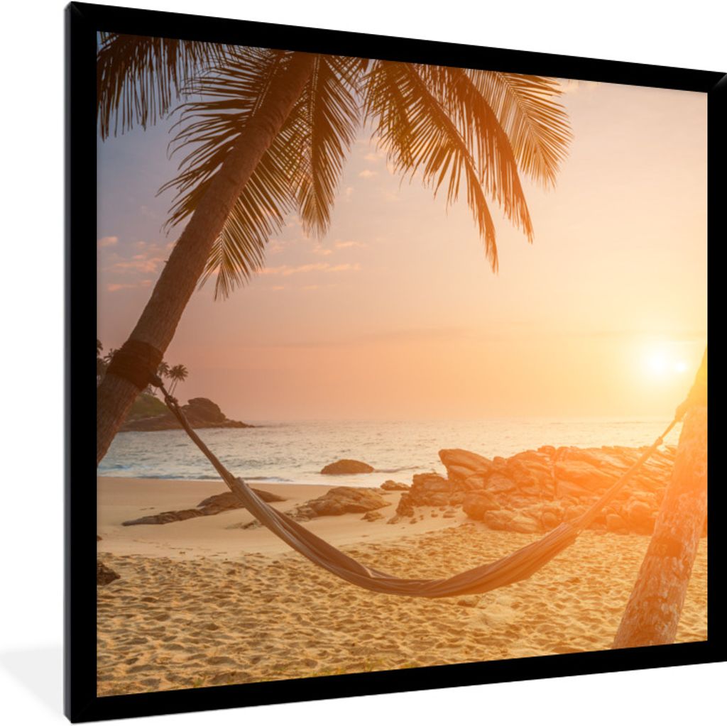 MuchoWow Gerahmtes Poster Sommer - Sonnenuntergang - Hängematte 40x40 cm - Poster mit Schwarzem Bilderrahmen Wandposter Rahmen Foto Bilder - Mit...
