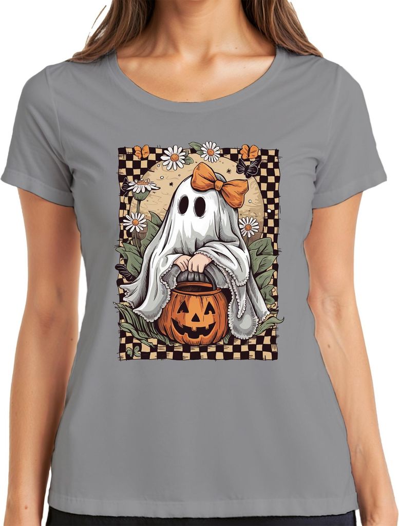 Süßes Gespenst Halloween Kürbis Gänseblümchen Schleife Retro Damen T-Shirt, Grau, L